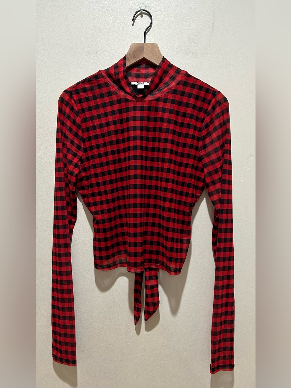 Bar lll 3 Red & Black Sheer Gingham Plaid Long Sleeve Top w/ Mesh Overlay Large